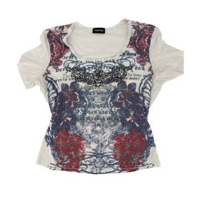 Taifun Y2K Short Sleeve Graphic Floral Beaded Scoop Neck Top White Blue Red